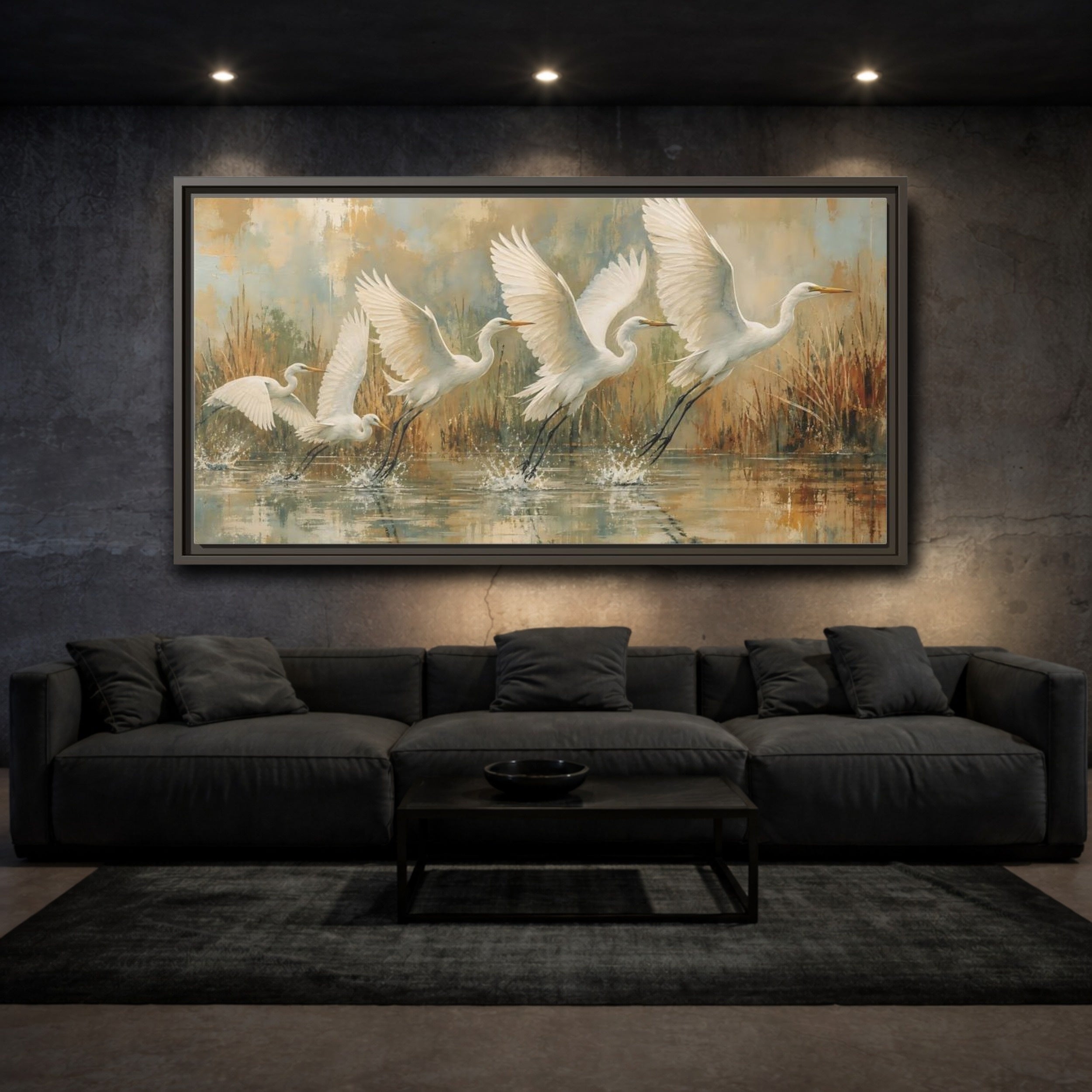 Mockup 2. Nature Egrets White Egrets Flight shown as stretched canvas wall art