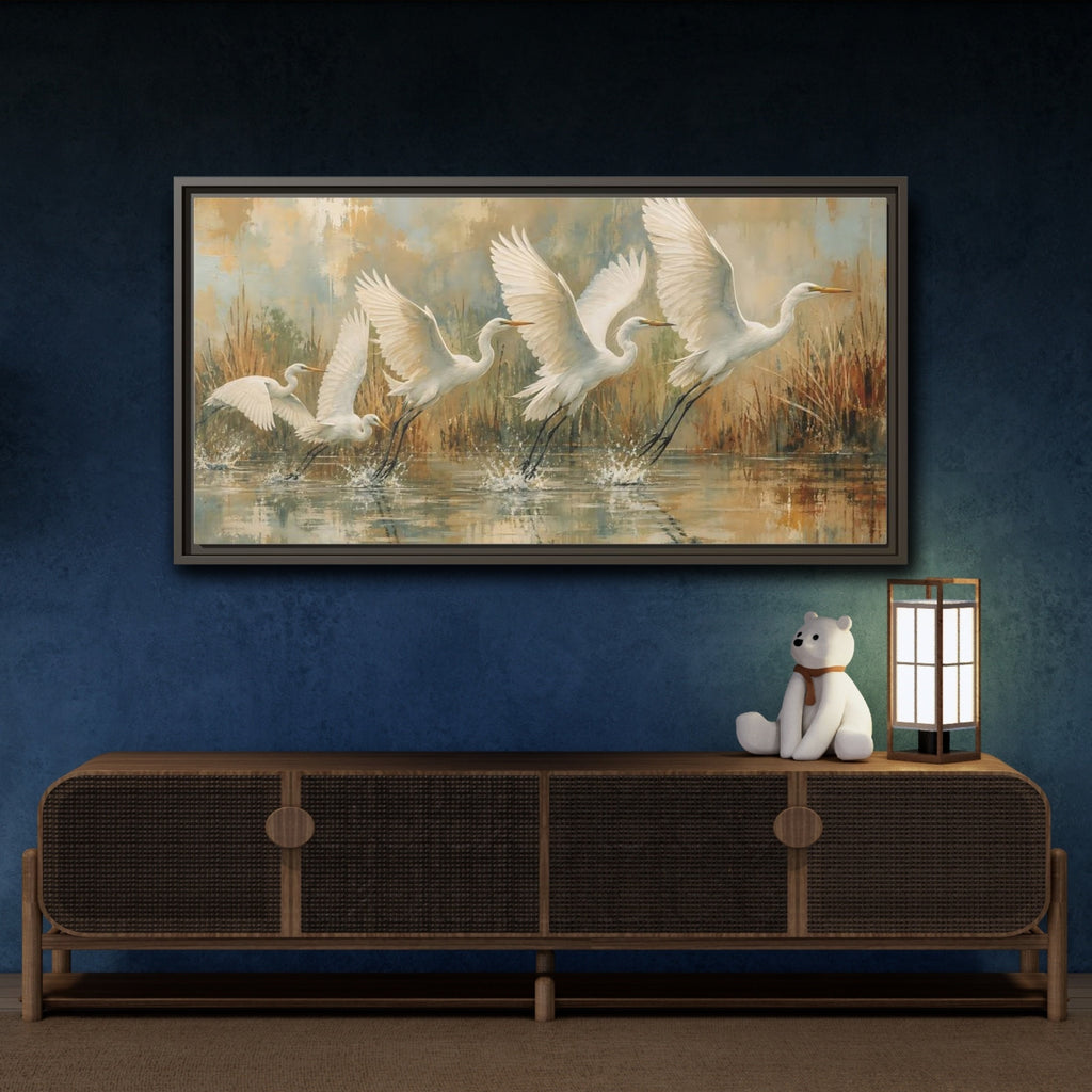Mockup 4. Nature Egrets White Egrets Flight shown as stretched canvas wall art