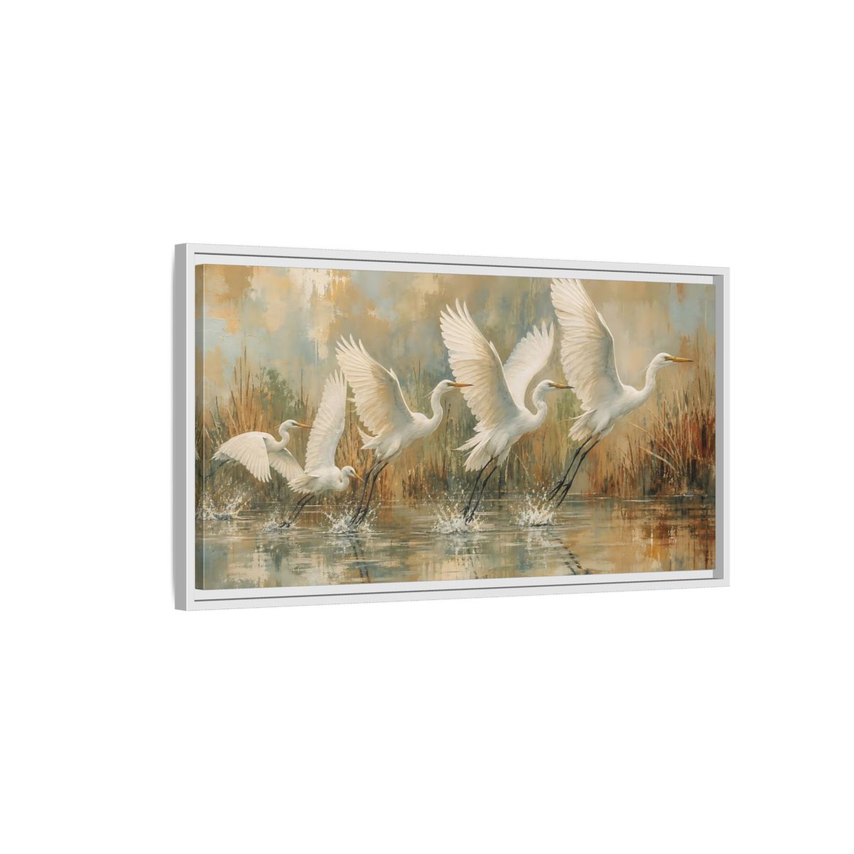 Side Mockup 1. Nature Egrets White Egrets Flight shown as stretched canvas wall art