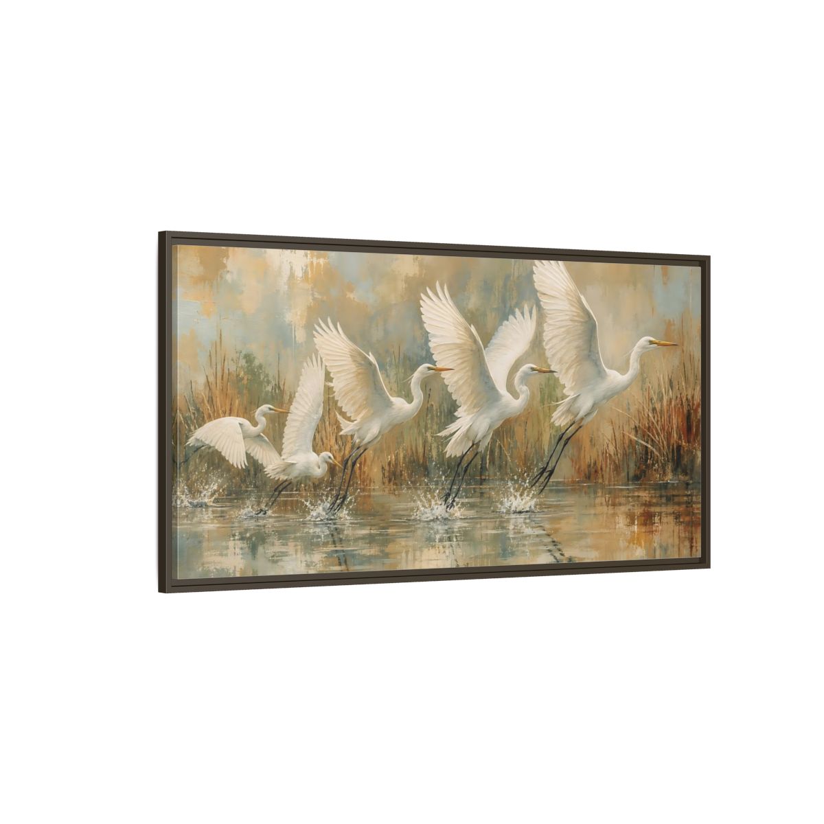 Side Mockup 4. Nature Egrets White Egrets Flight shown as stretched canvas wall art