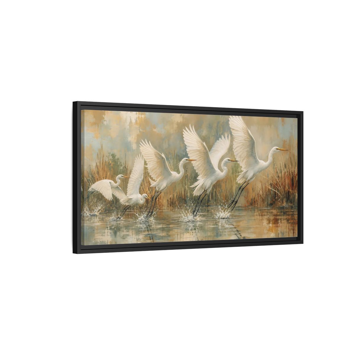 Side Mockup 2. Nature Egrets White Egrets Flight shown as stretched canvas wall art