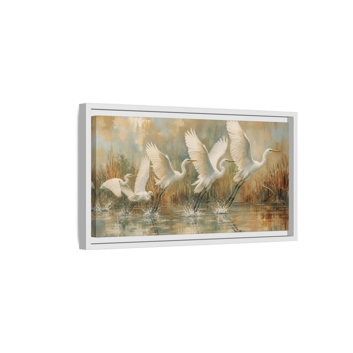 Side Mockup 6. Nature Egrets White Egrets Flight shown as stretched canvas wall art