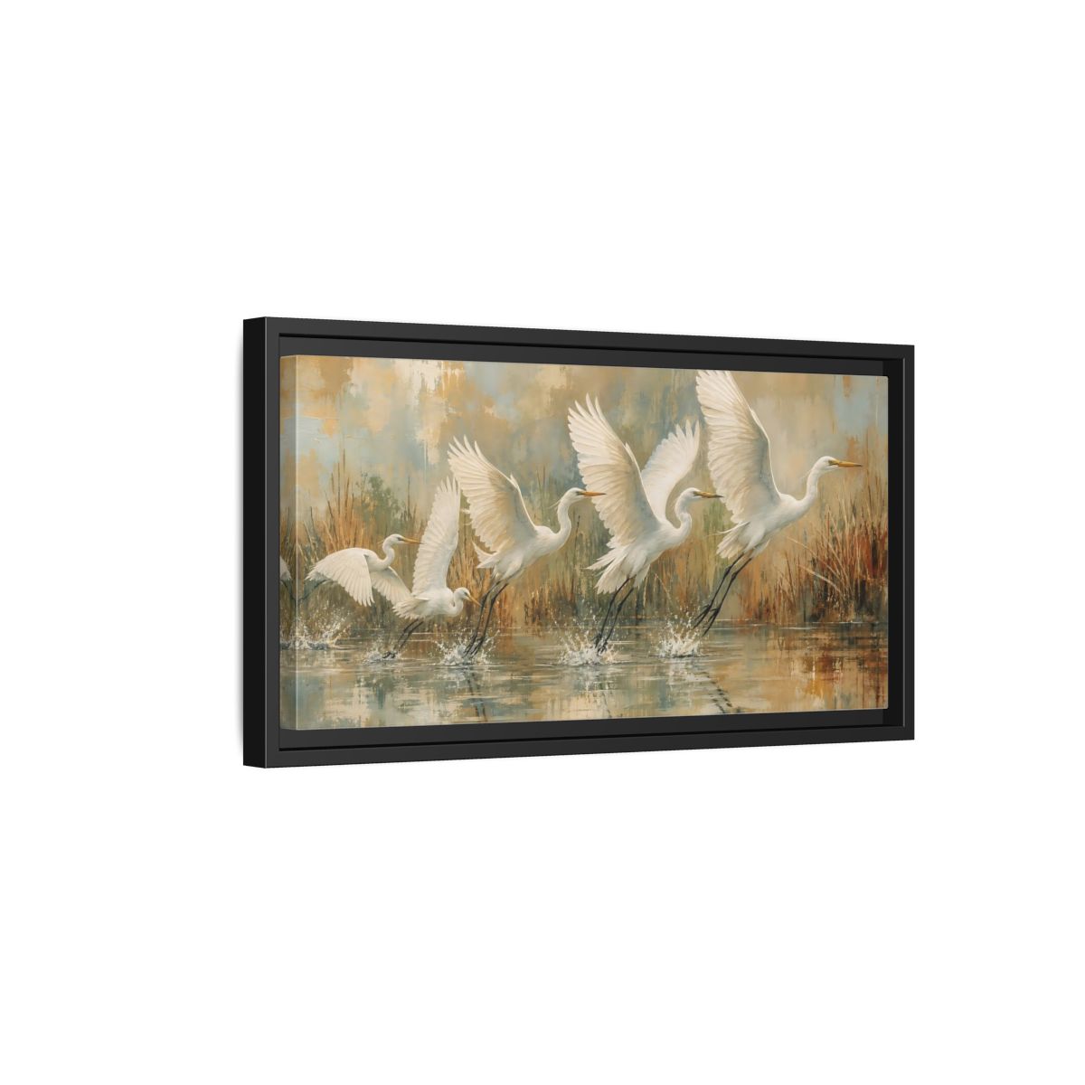 Side Mockup 8. Nature Egrets White Egrets Flight shown as stretched canvas wall art