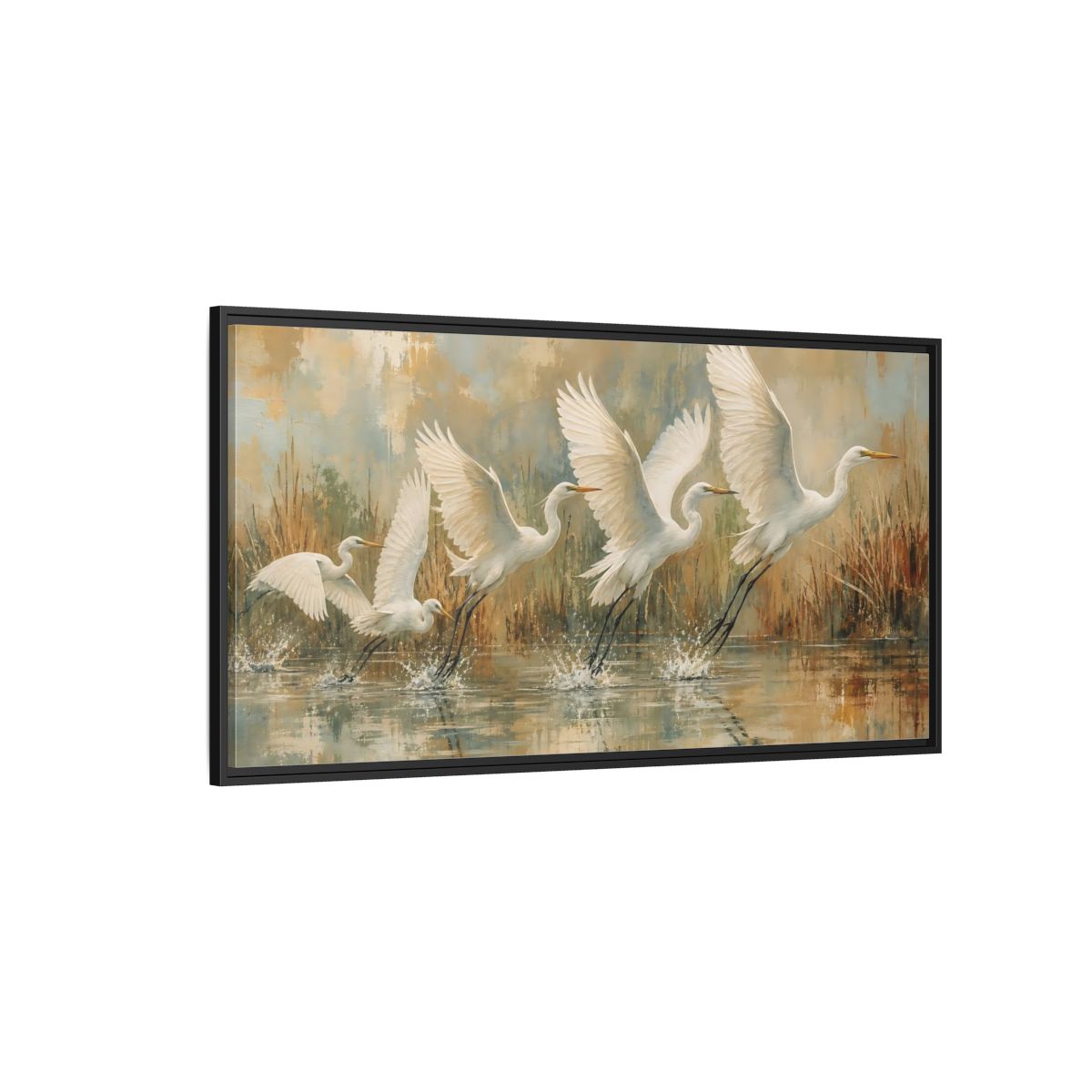 Side Mockup 5. Nature Egrets White Egrets Flight shown as stretched canvas wall art