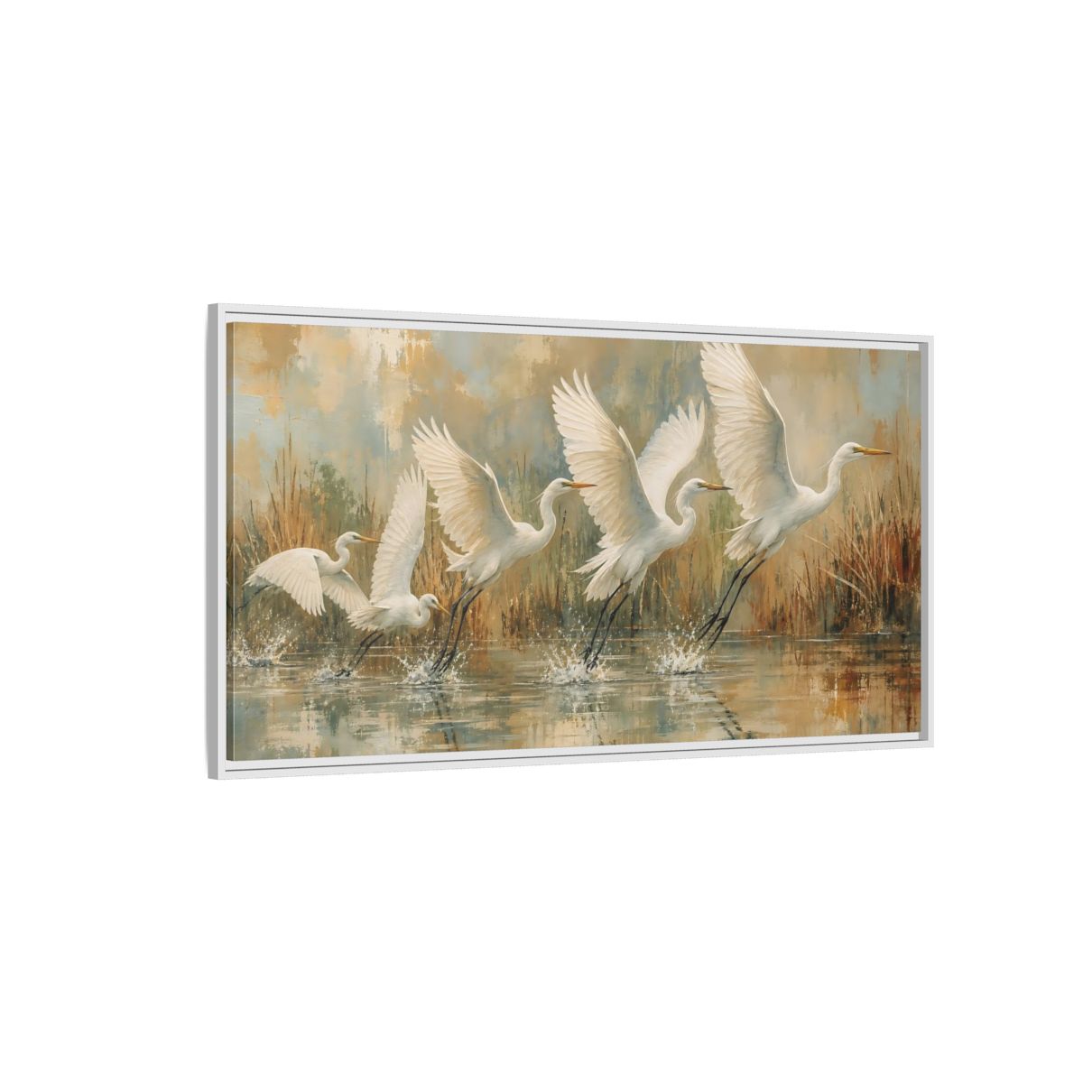 Side Mockup 3. Nature Egrets White Egrets Flight shown as stretched canvas wall art
