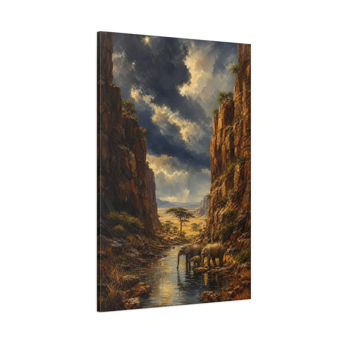 Side Mockup 1. Nature Elephants Brown And Blue Landscape shown as stretched canvas wall art