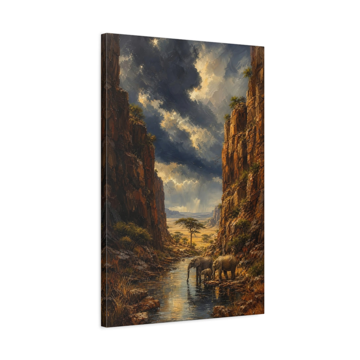 Side Mockup 2. Nature Elephants Brown And Blue Landscape shown as stretched canvas wall art