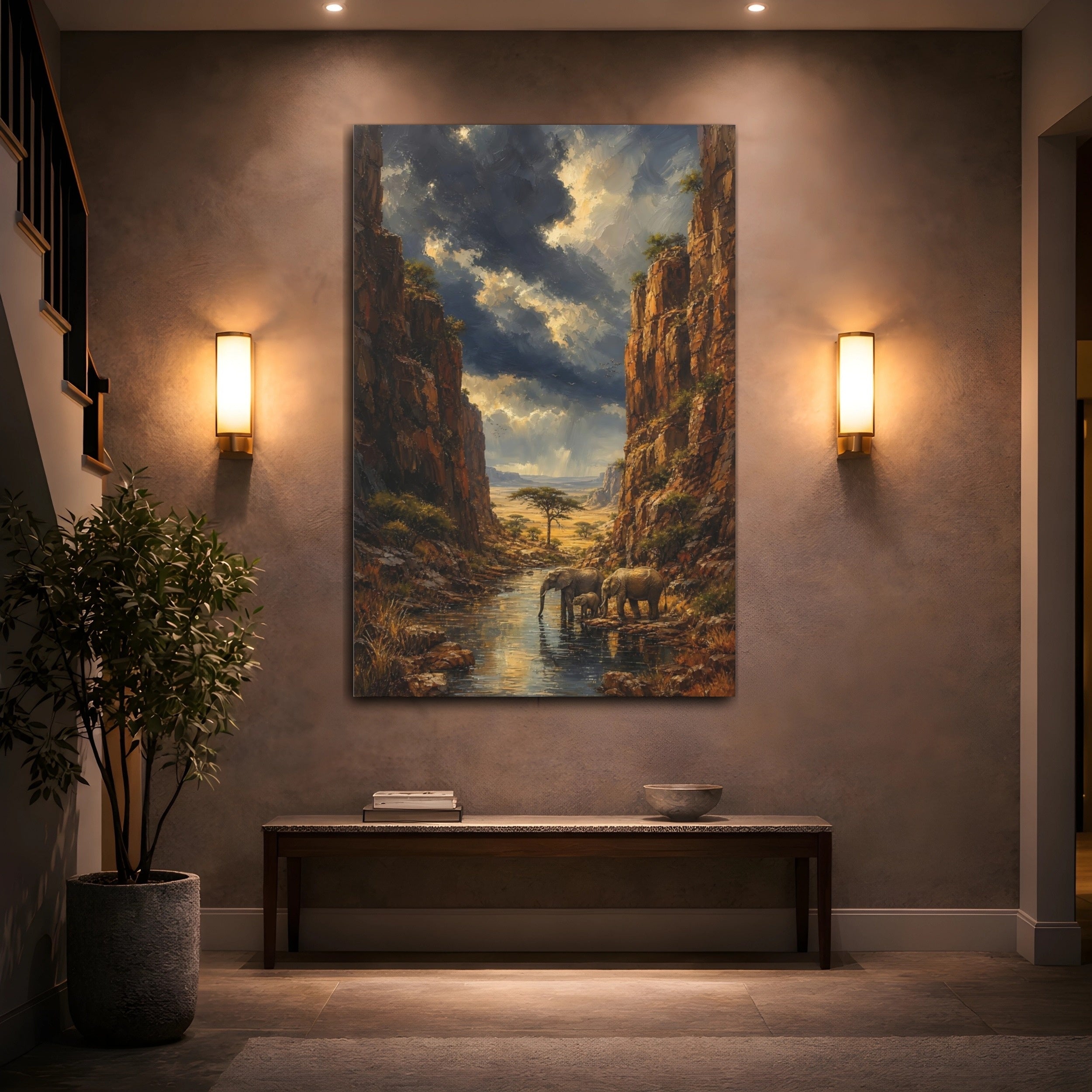 Mockup 2. Nature Elephants Brown And Blue Landscape shown as stretched canvas wall art