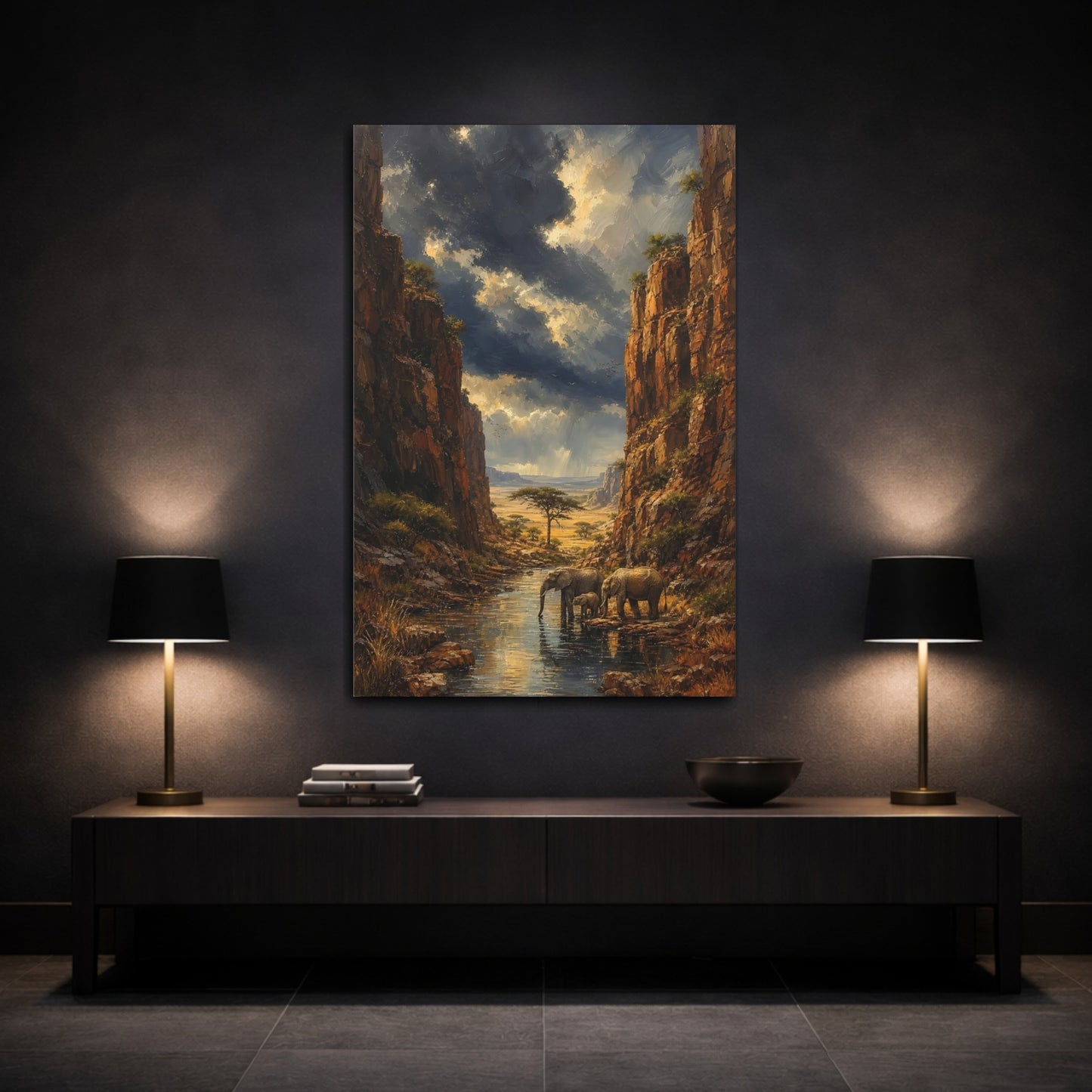 Mockup 3. Nature Elephants Brown And Blue Landscape shown as stretched canvas wall art