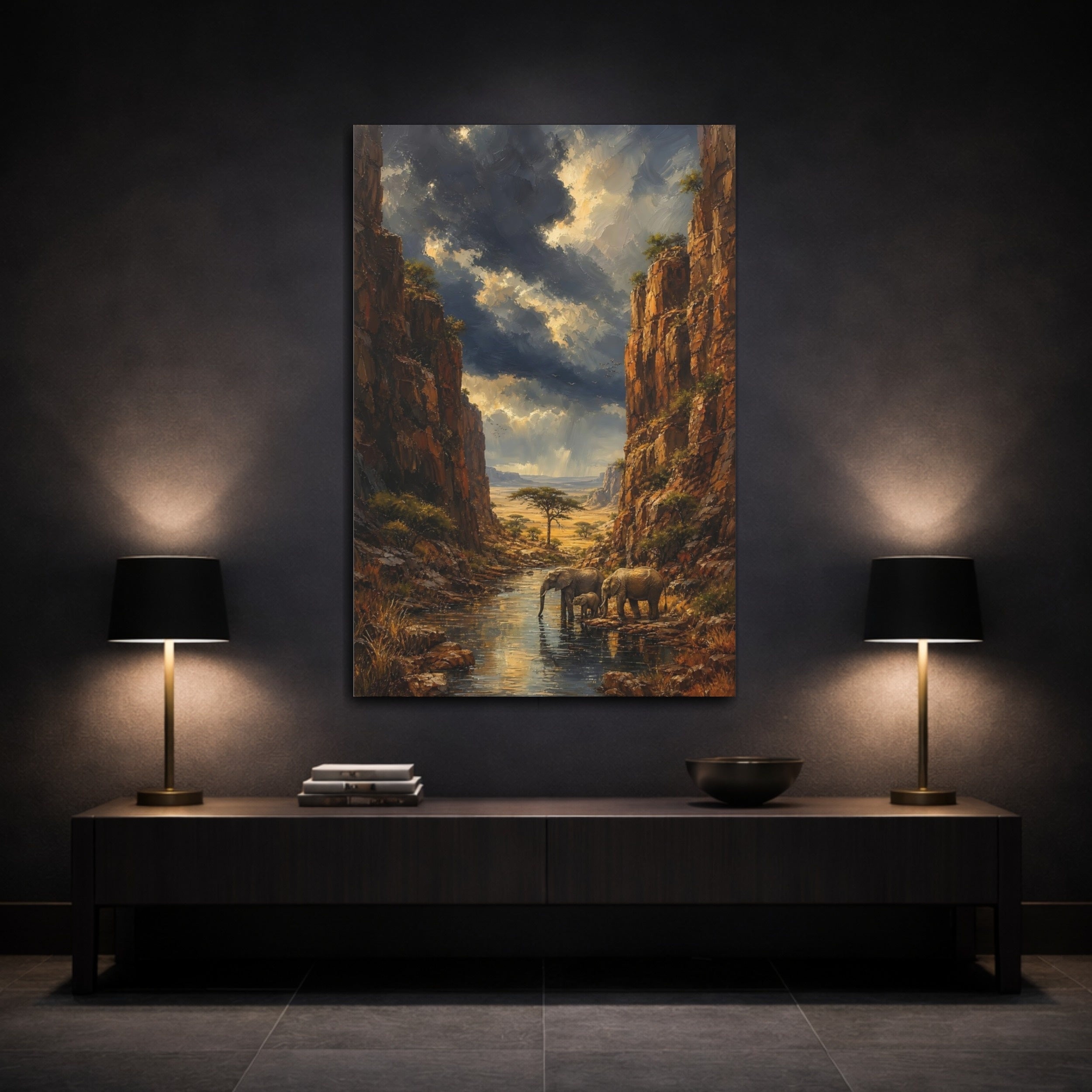 Mockup 3. Nature Elephants Brown And Blue Landscape shown as stretched canvas wall art
