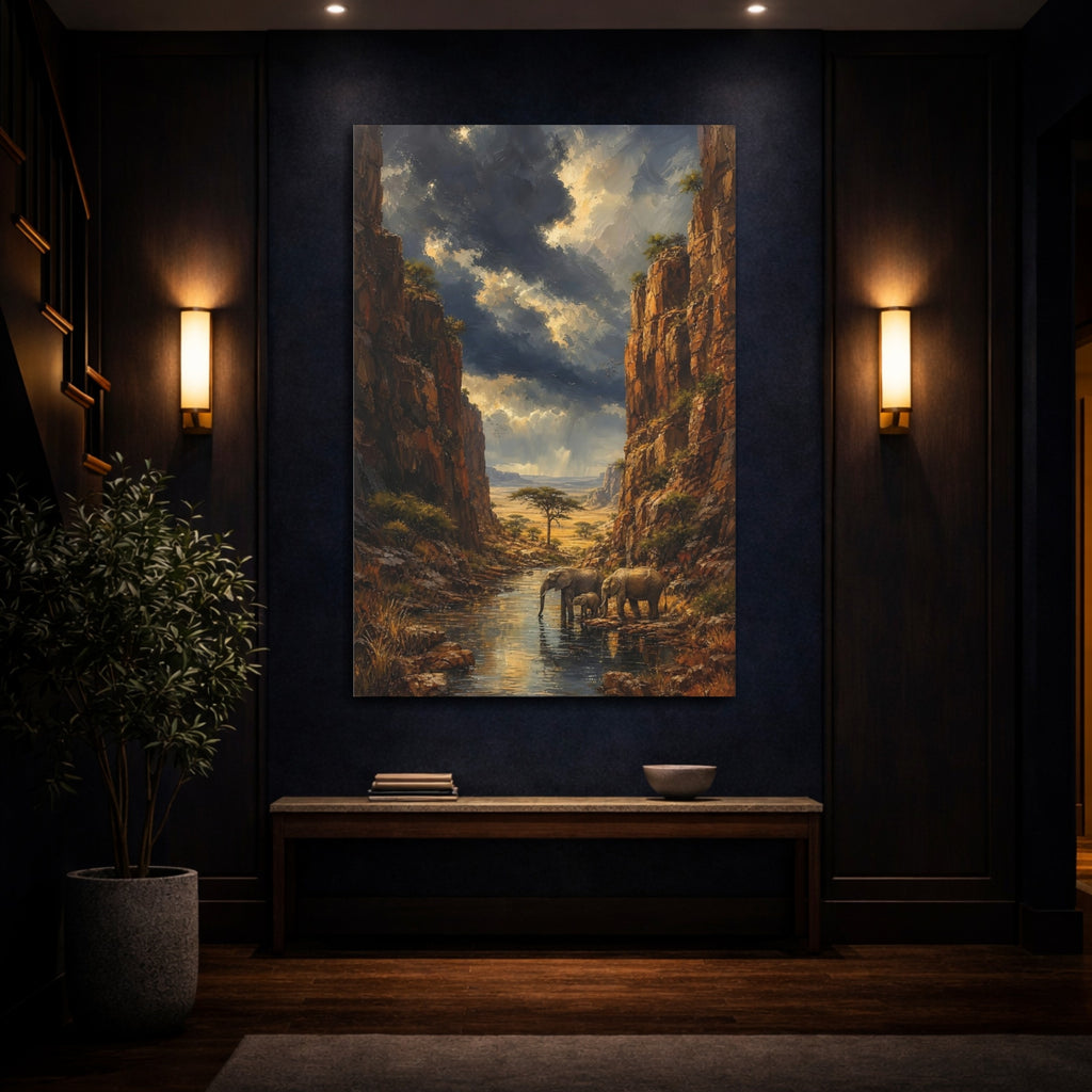 Mockup 4. Nature Elephants Brown And Blue Landscape shown as stretched canvas wall art