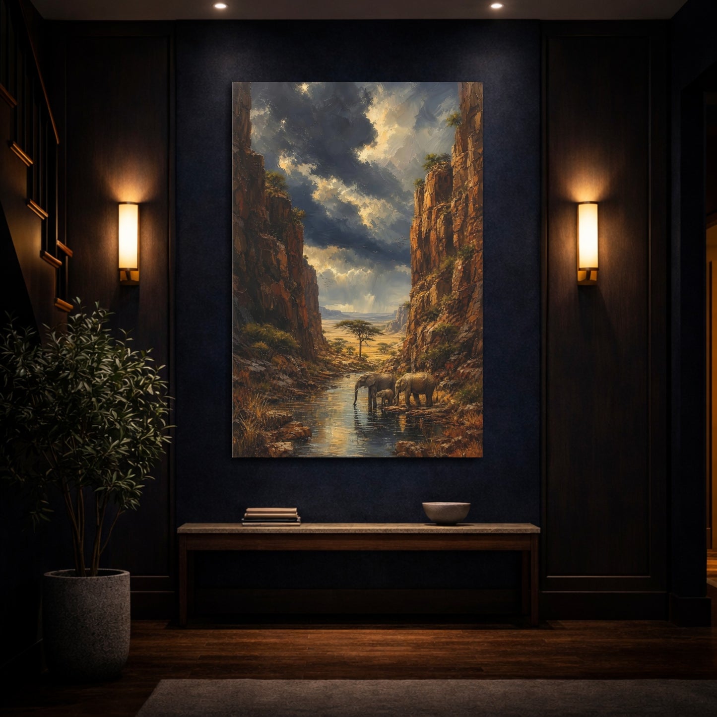 Mockup 4. Nature Elephants Brown And Blue Landscape shown as stretched canvas wall art