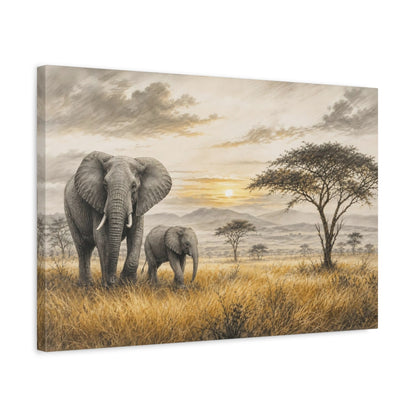 Side Mockup 3. Nature Elephants Golden Savanna Elephants shown as stretched canvas wall art