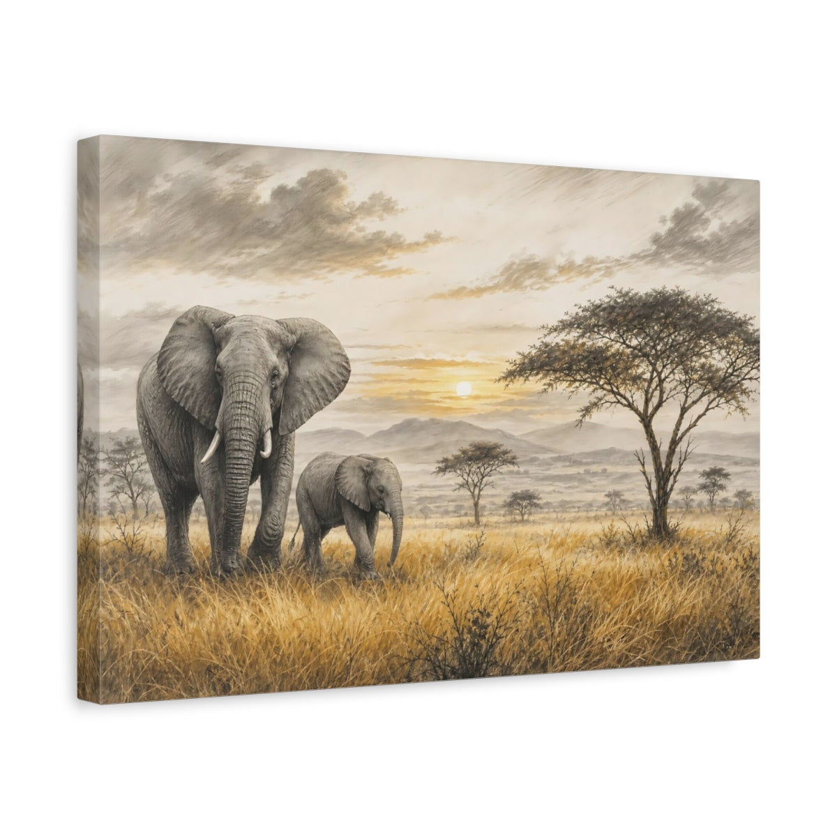 Side Mockup 4. Nature Elephants Golden Savanna Elephants shown as stretched canvas wall art