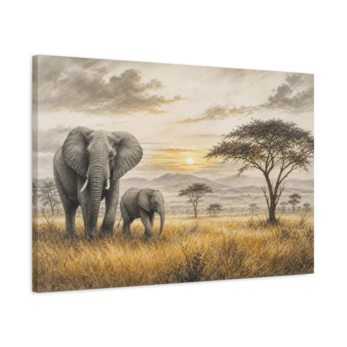 Side Mockup 2. Nature Elephants Golden Savanna Elephants shown as stretched canvas wall art