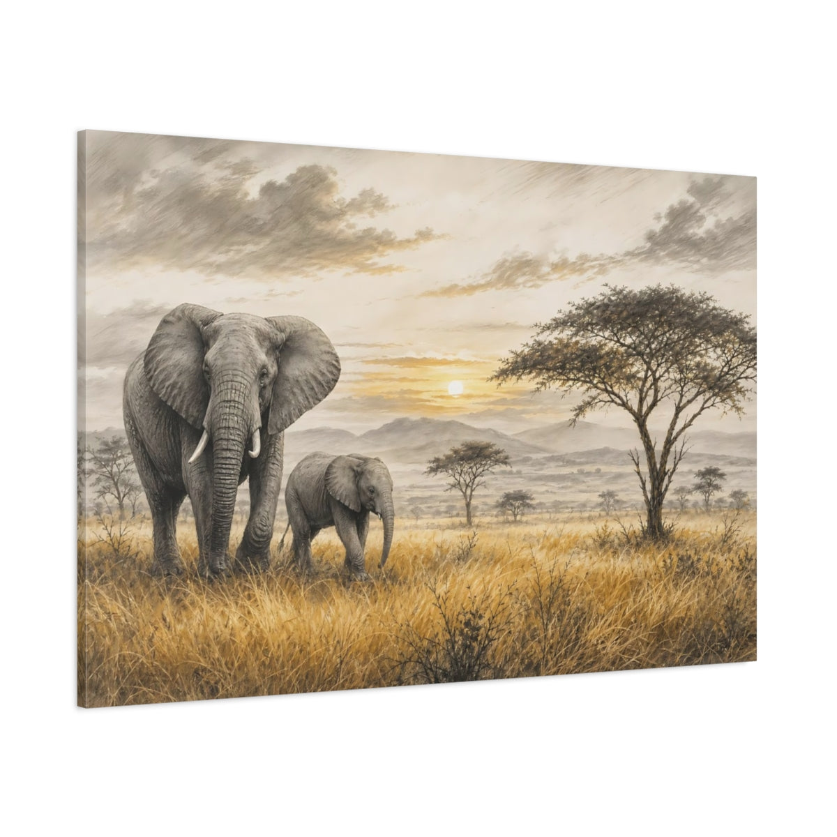 Side Mockup 1. Nature Elephants Golden Savanna Elephants shown as stretched canvas wall art