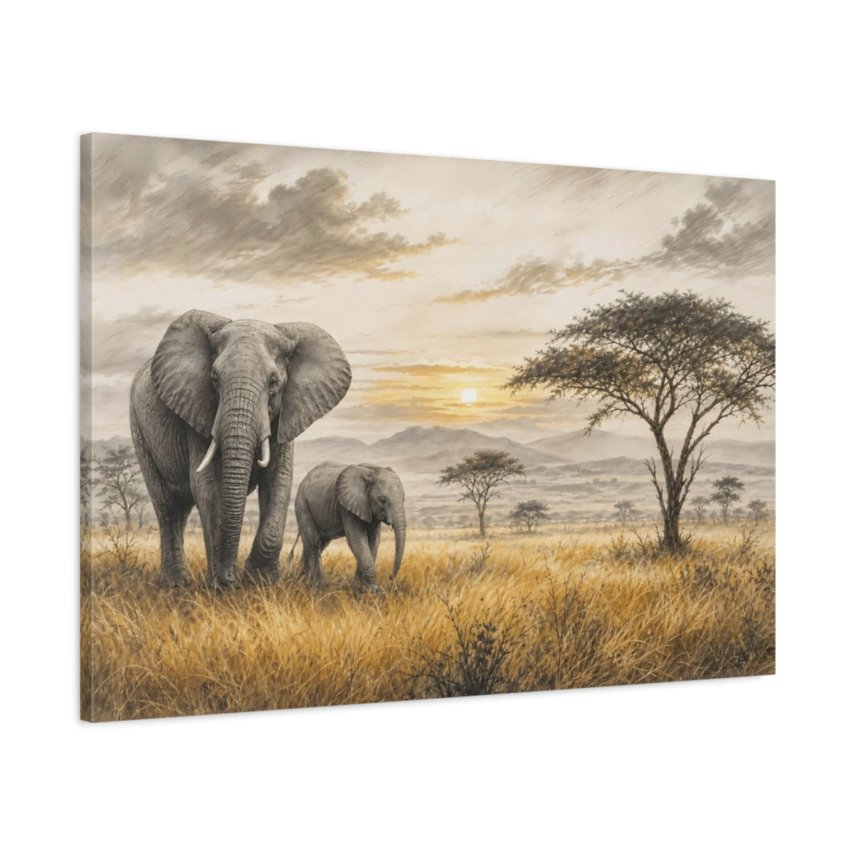 Main Mockup. Nature Elephants Golden Savanna Elephants shown as stretched canvas wall art