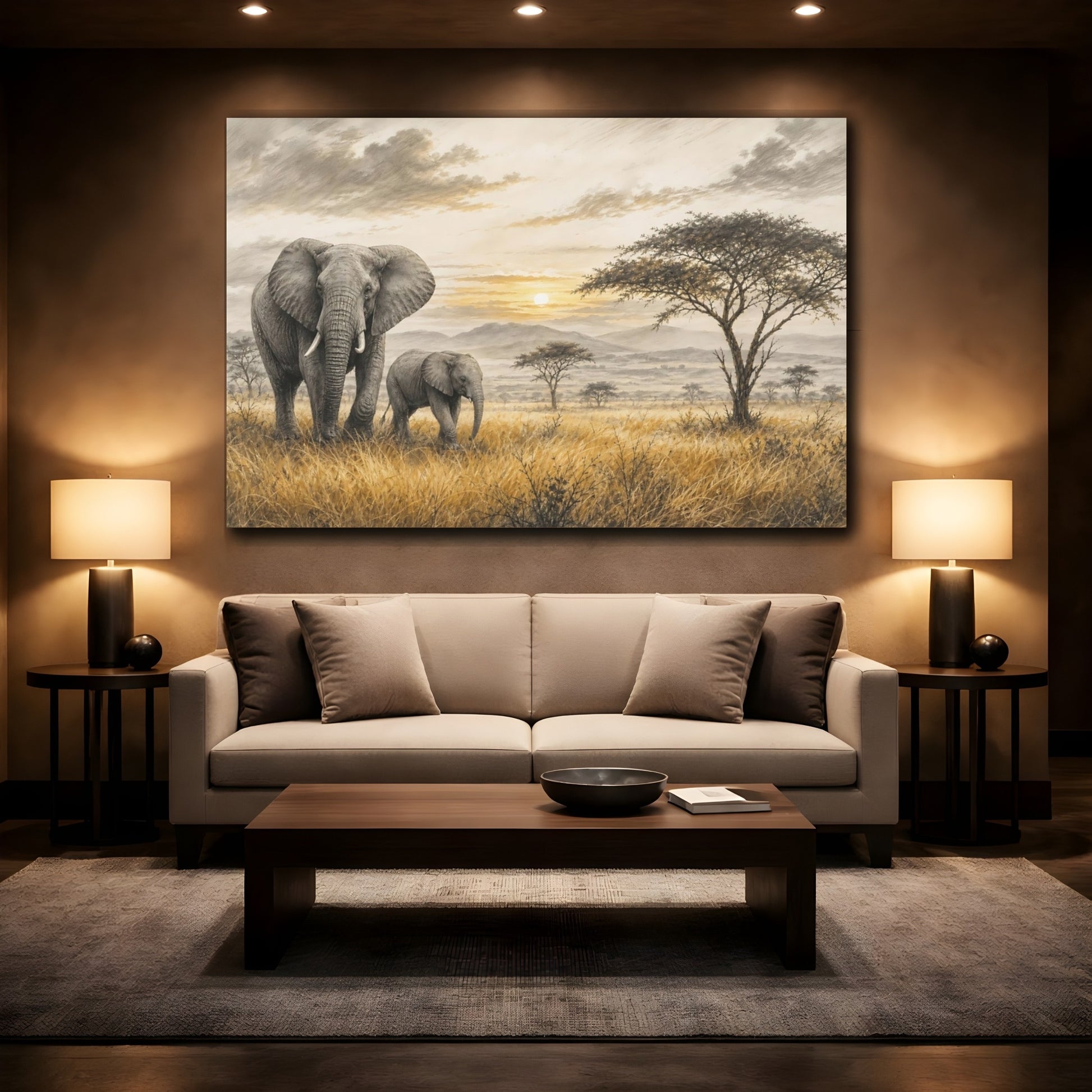Mockup 2. Nature Elephants Golden Savanna Elephants shown as stretched canvas wall art