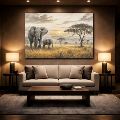 Mockup 2. Nature Elephants Golden Savanna Elephants shown as stretched canvas wall art