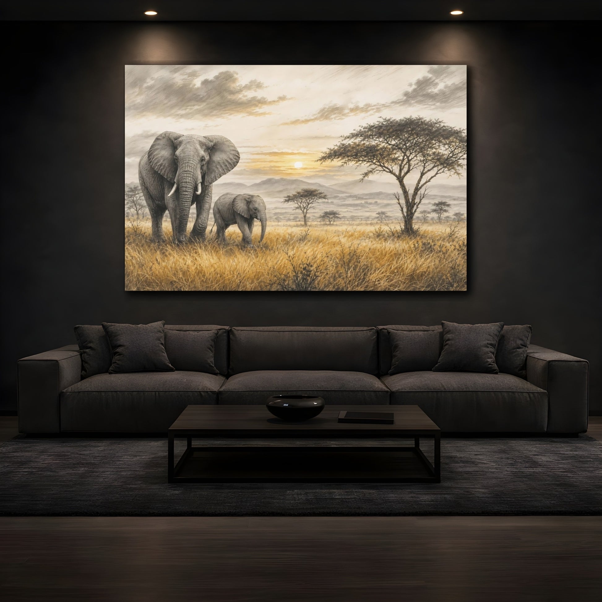Mockup 3. Nature Elephants Golden Savanna Elephants shown as stretched canvas wall art