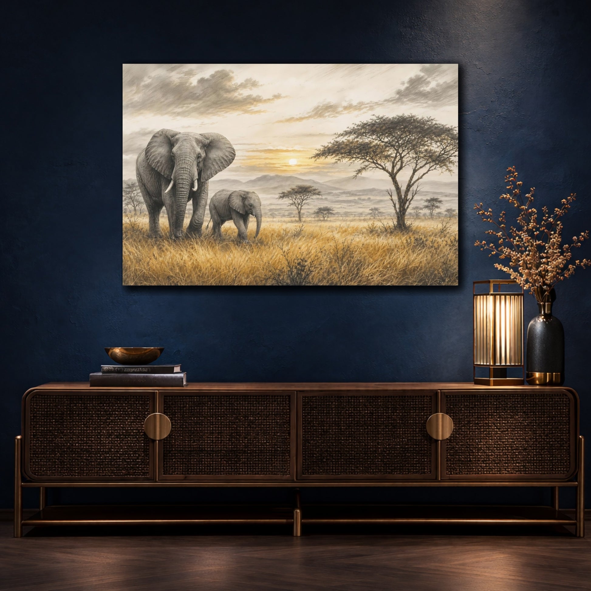 Mockup 4. Nature Elephants Golden Savanna Elephants shown as stretched canvas wall art