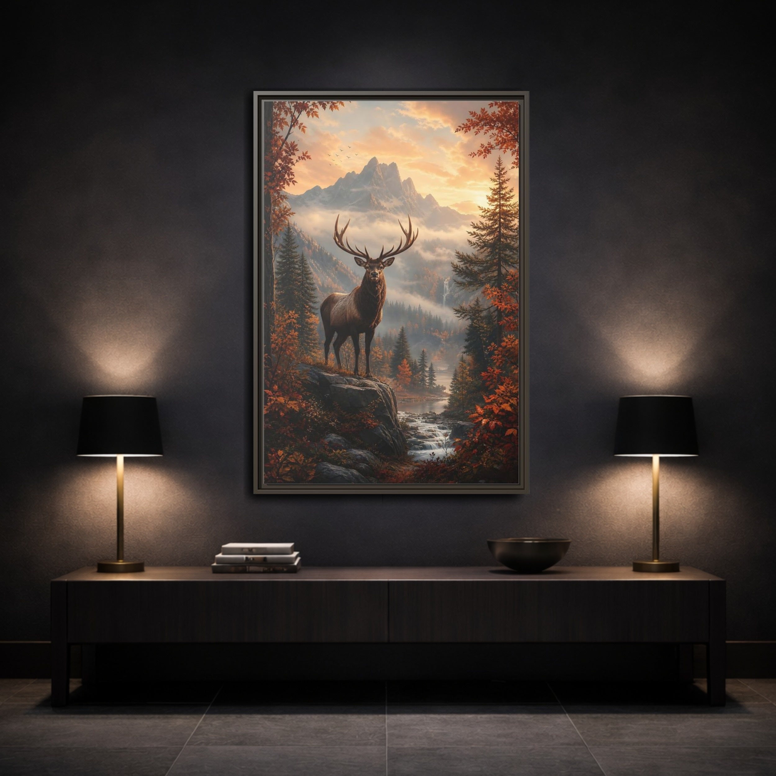 Mockup 3. Nature Elk Autumn Elk Landscape shown as stretched canvas wall art