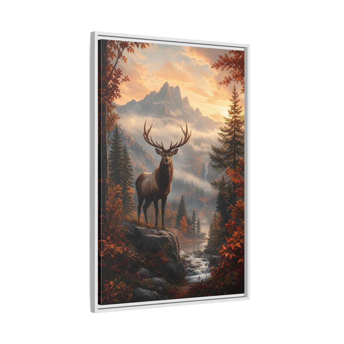 Nature Elk Autumn Landscape Framed Canvas Wall Art - Living Room, Above Console Table shown as canvas wall art