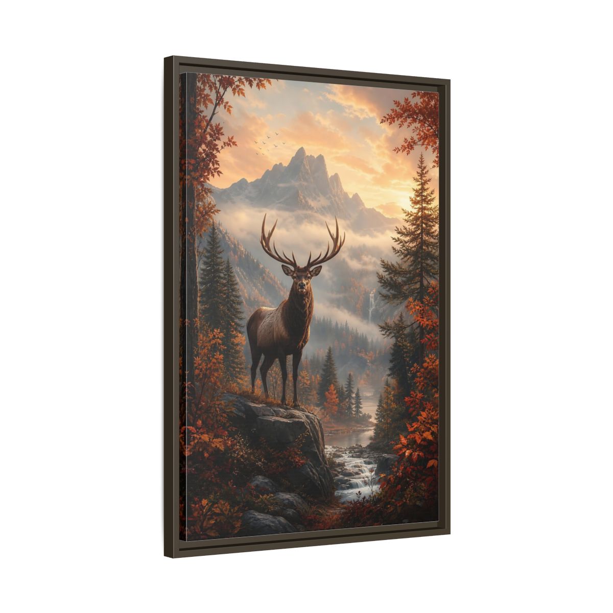 Nature Elk Autumn Landscape Framed Canvas Wall Art - Living Room, Above Console Table shown as canvas wall art
