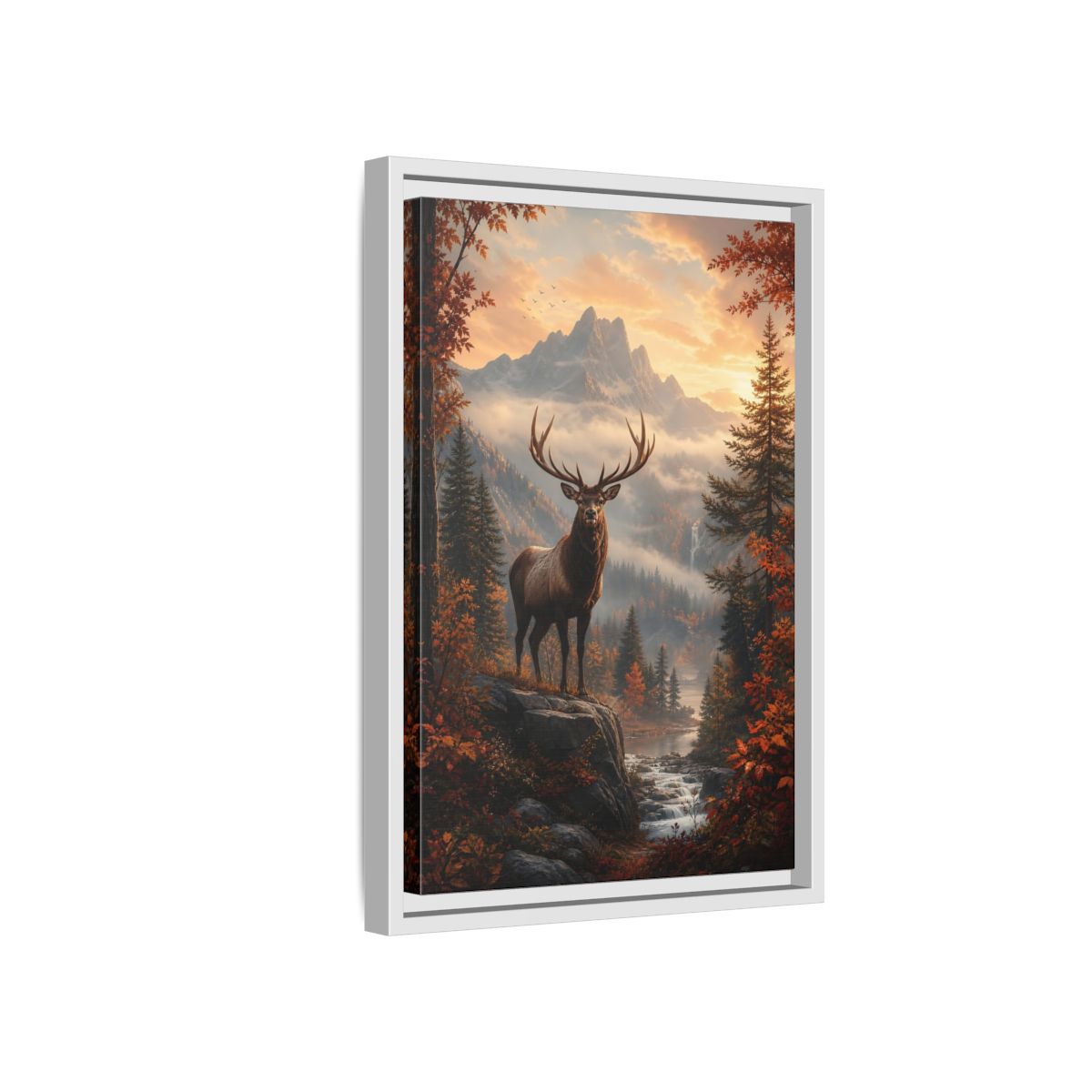 Nature Elk Autumn Landscape Framed Canvas Wall Art - Living Room, Above Console Table shown as canvas wall art