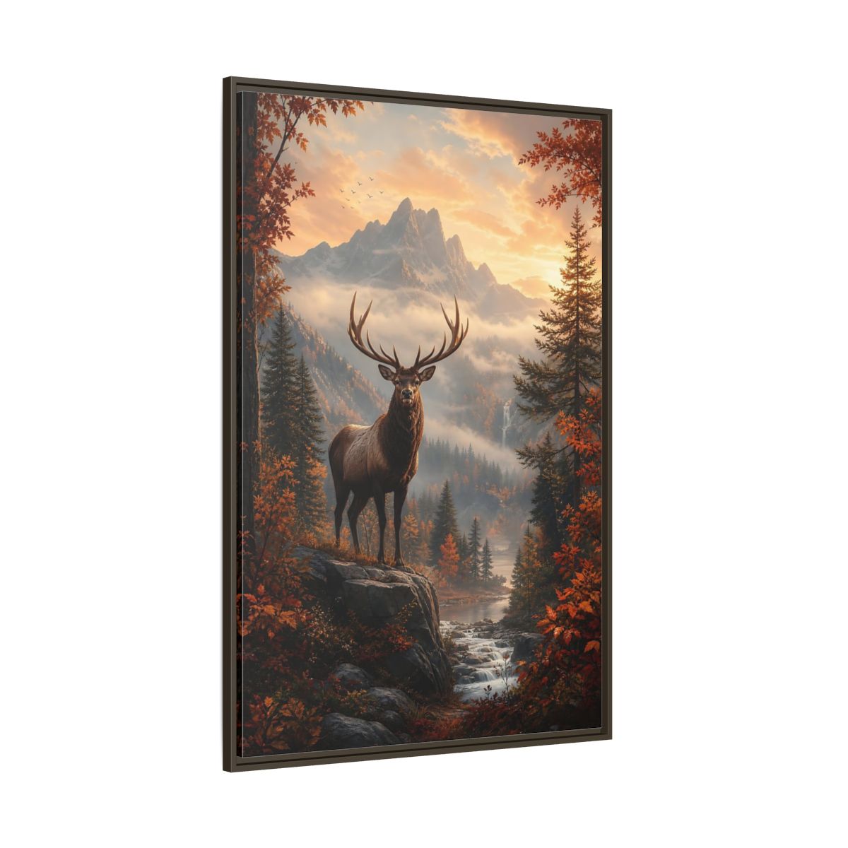 Nature Elk Autumn Landscape Framed Canvas Wall Art - Living Room, Above Console Table shown as canvas wall art