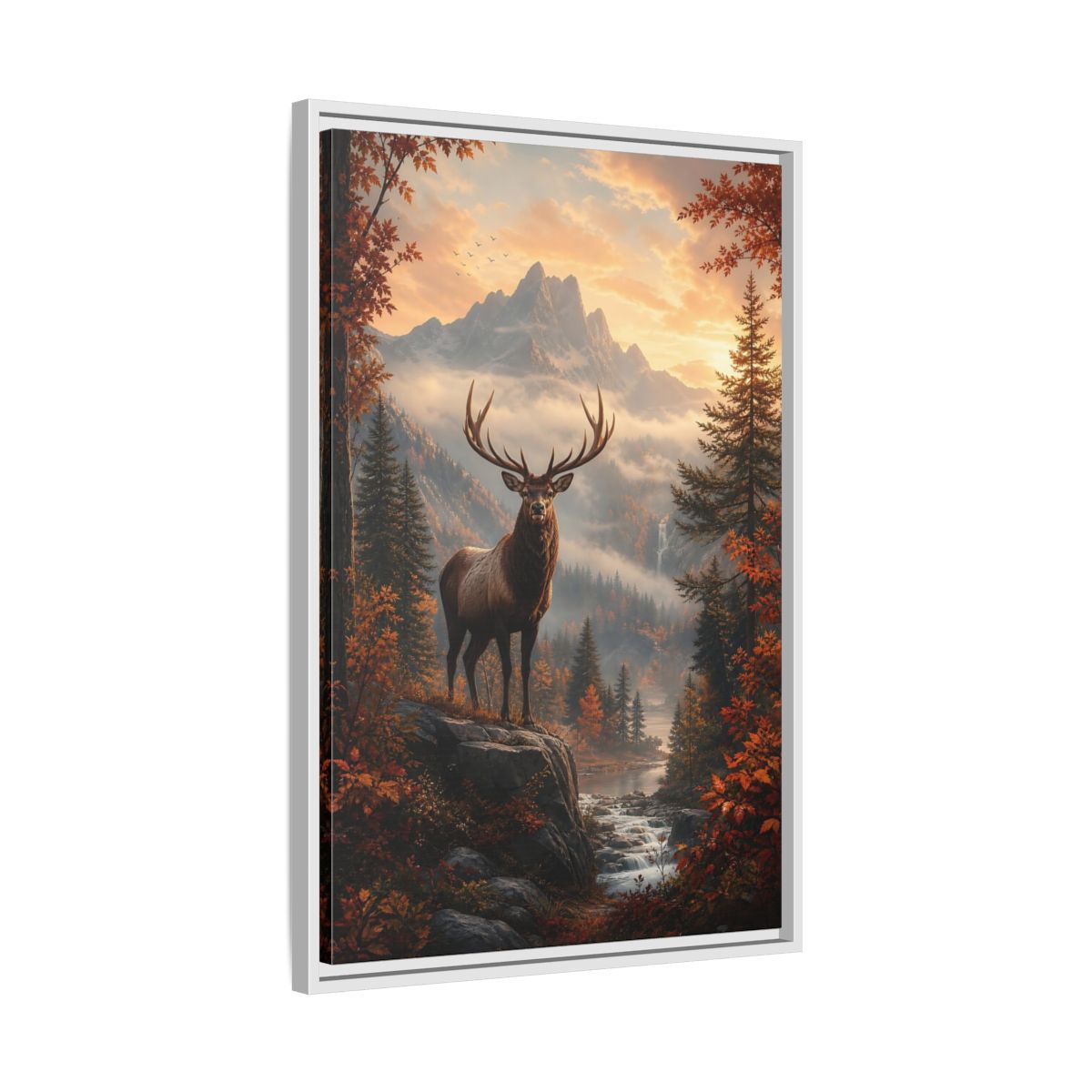 Nature Elk Autumn Landscape Framed Canvas Wall Art - Living Room, Above Console Table shown as canvas wall art