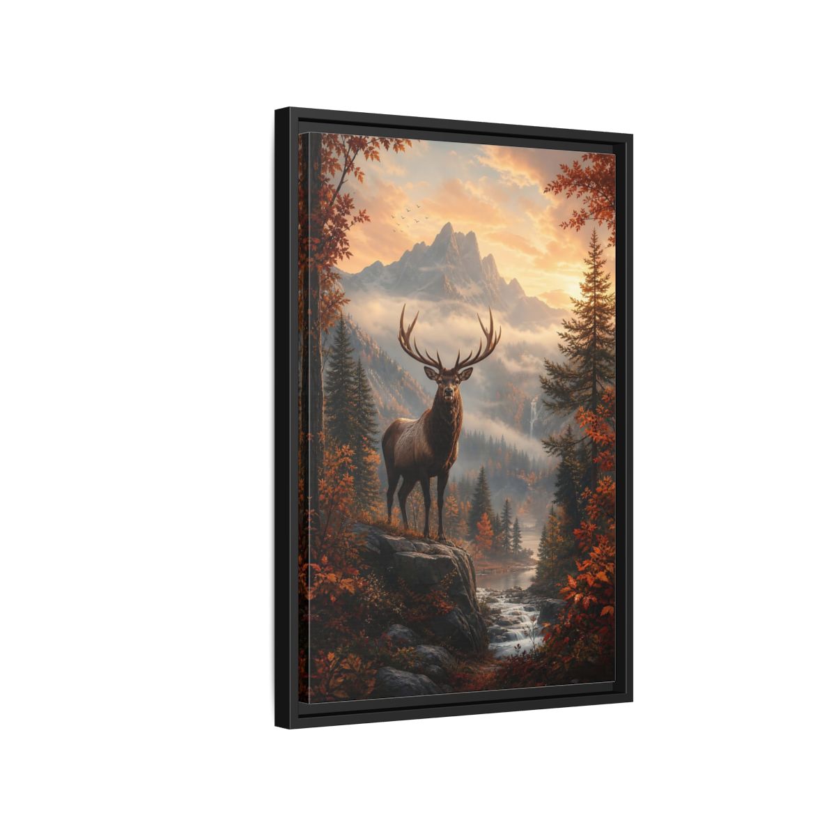 Nature Elk Autumn Landscape Framed Canvas Wall Art - Living Room, Above Console Table shown as canvas wall art