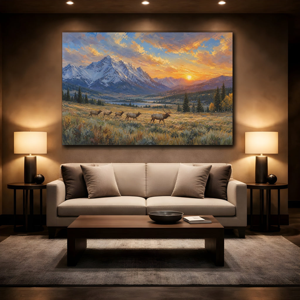 Mockup 2. Nature Elk Golden Elk Landscape shown as stretched canvas wall art