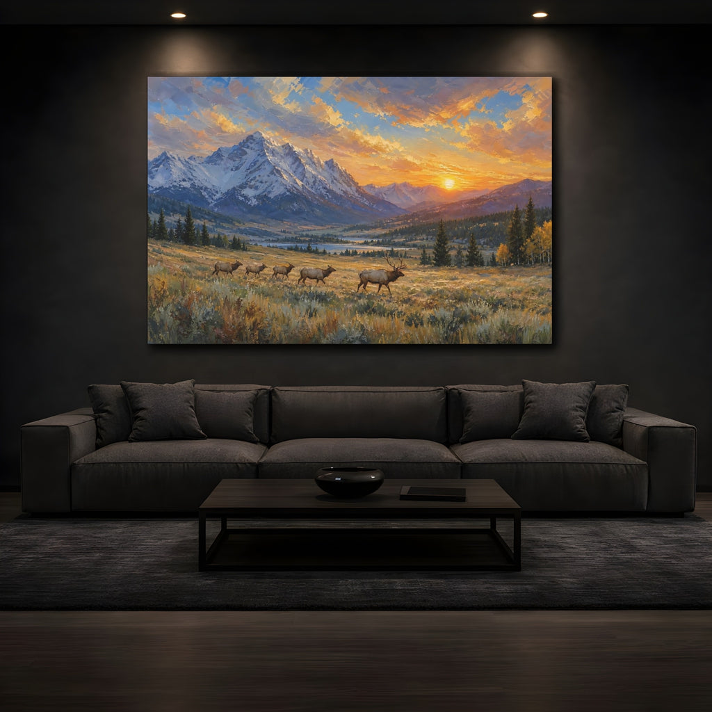 Mockup 3. Nature Elk Golden Elk Landscape shown as stretched canvas wall art