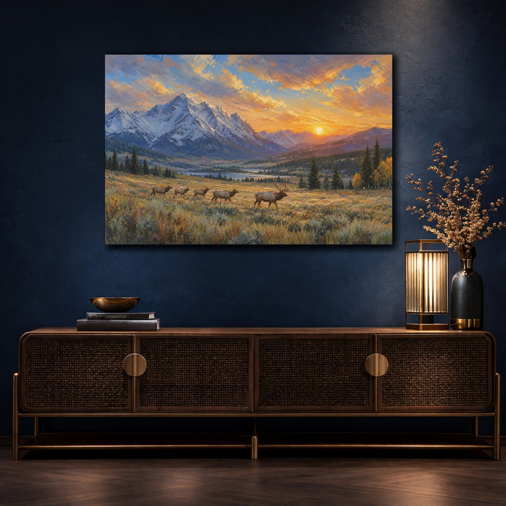 Mockup 4. Nature Elk Golden Elk Landscape shown as stretched canvas wall art