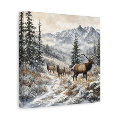 Side Mockup 9. Nature Elk Herd Brown And White Winter shown as stretched canvas wall art