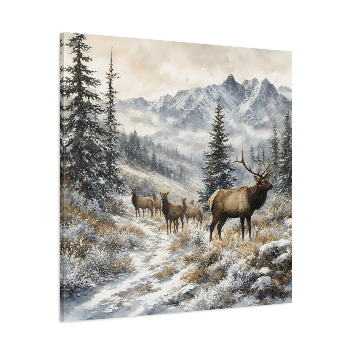 Side Mockup 1. Nature Elk Herd Brown And White Winter shown as stretched canvas wall art
