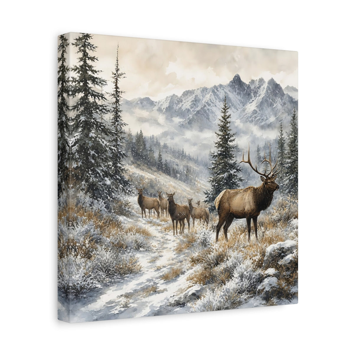 Side Mockup 8. Nature Elk Herd Brown And White Winter shown as stretched canvas wall art