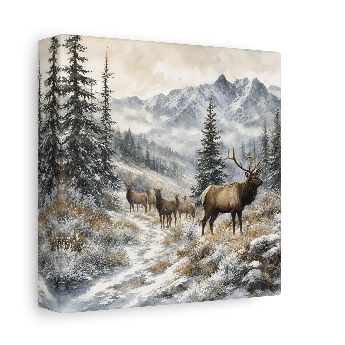 Side Mockup 2. Nature Elk Herd Brown And White Winter shown as stretched canvas wall art