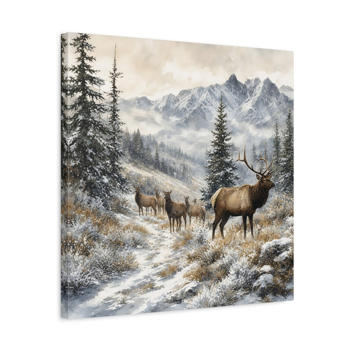 Side Mockup 5. Nature Elk Herd Brown And White Winter shown as stretched canvas wall art
