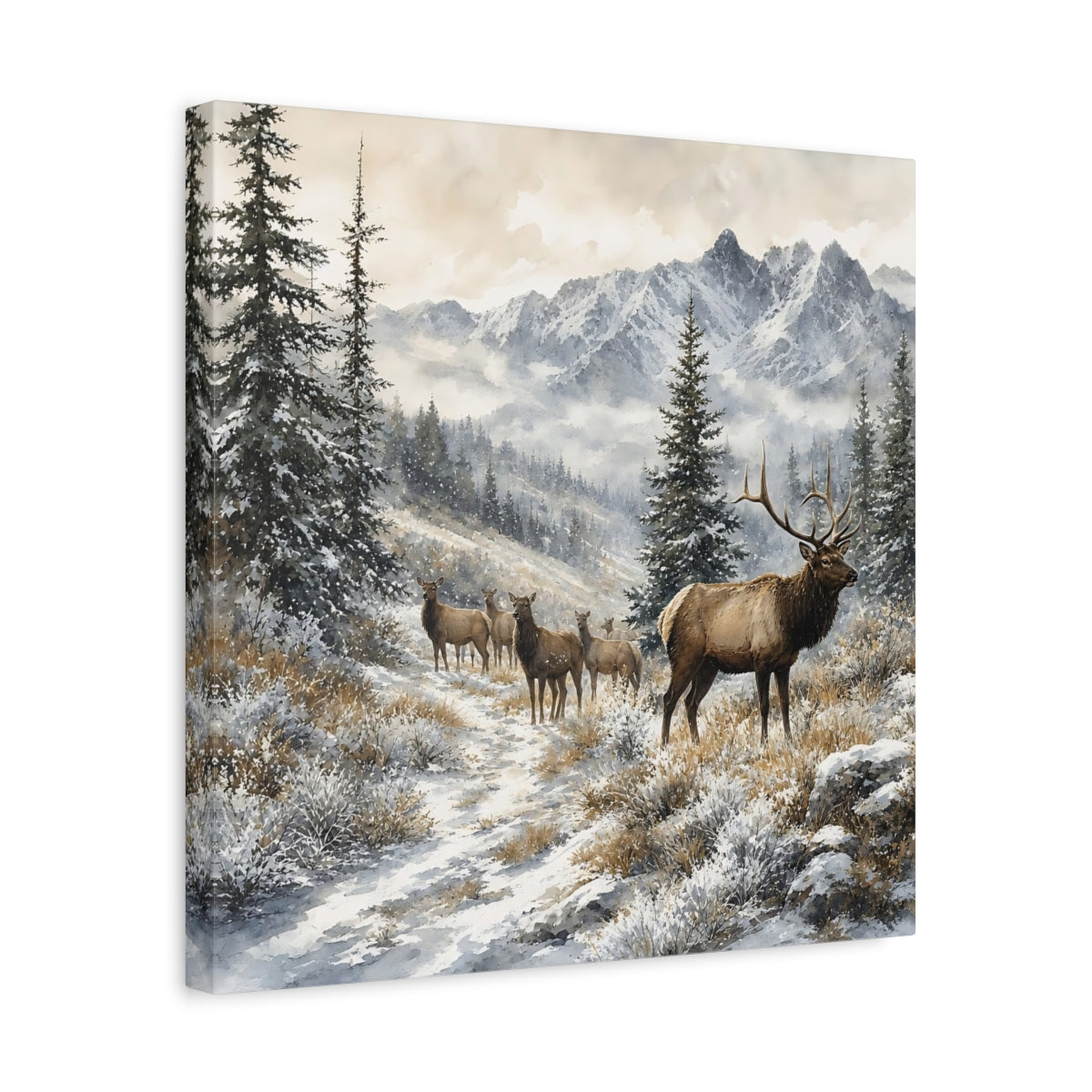 Side Mockup 6. Nature Elk Herd Brown And White Winter shown as stretched canvas wall art