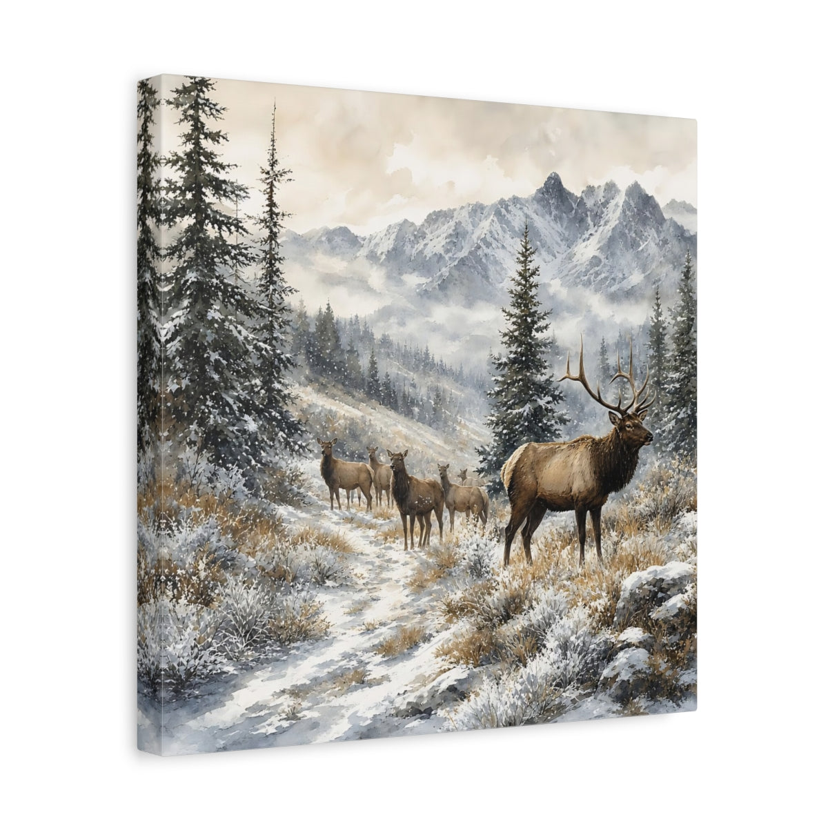 Side Mockup 7. Nature Elk Herd Brown And White Winter shown as stretched canvas wall art