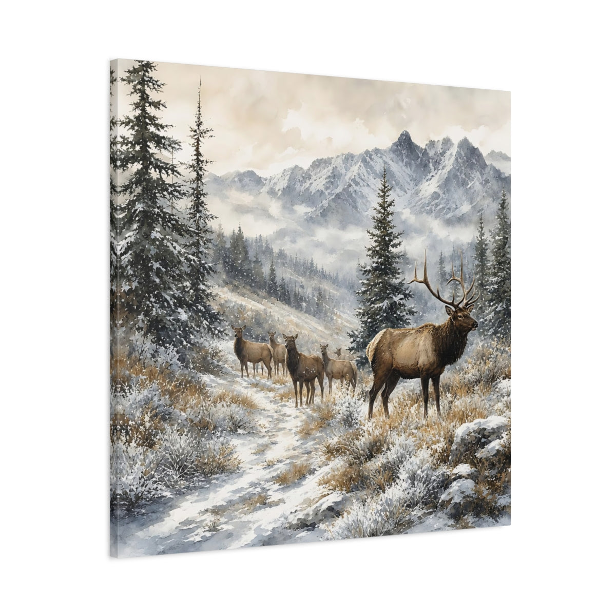 Main Mockup. Nature Elk Herd Brown And White Winter shown as stretched canvas wall art
