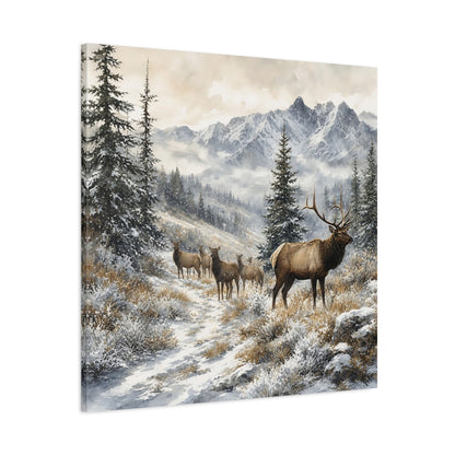 Main Mockup. Nature Elk Herd Brown And White Winter shown as stretched canvas wall art