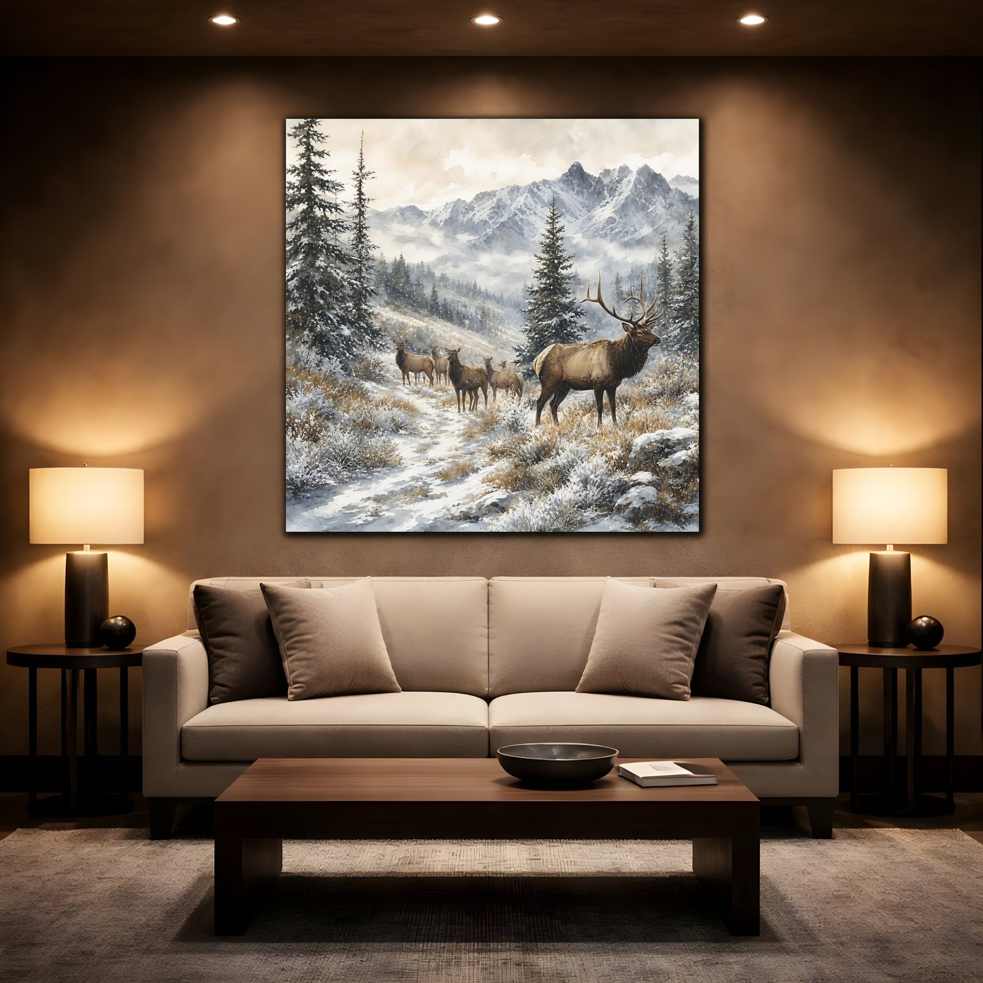 Mockup 2. Nature Elk Herd Brown And White Winter shown as stretched canvas wall art