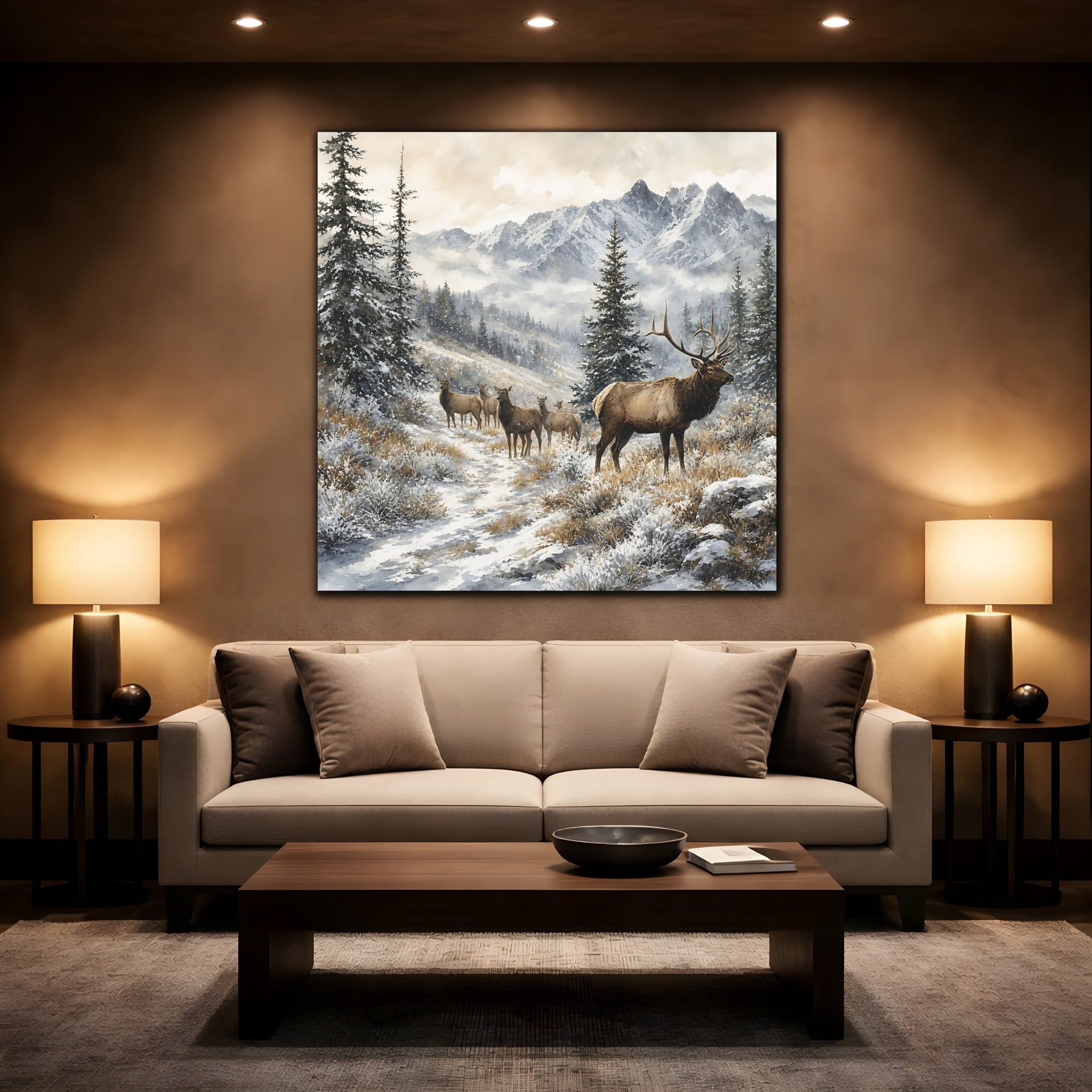 Mockup 2. Nature Elk Herd Brown And White Winter shown as stretched canvas wall art