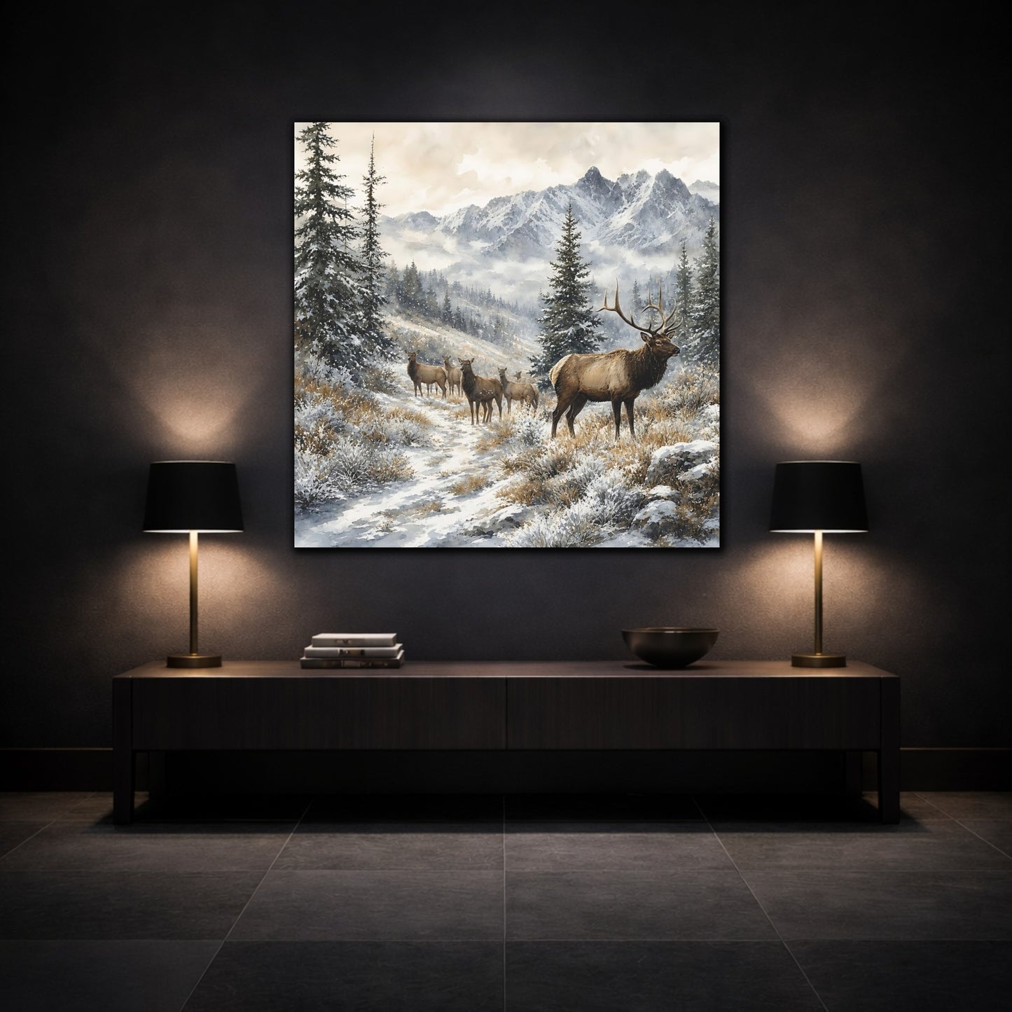 Mockup 3. Nature Elk Herd Brown And White Winter shown as stretched canvas wall art