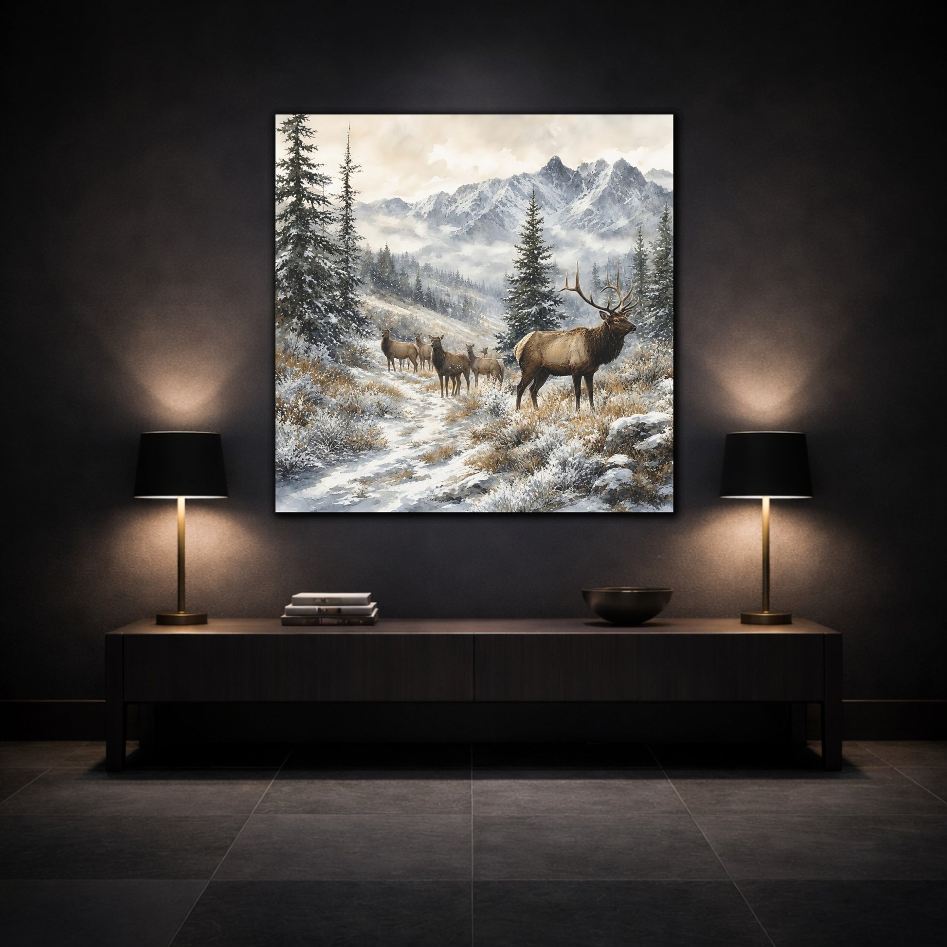 Mockup 3. Nature Elk Herd Brown And White Winter shown as stretched canvas wall art