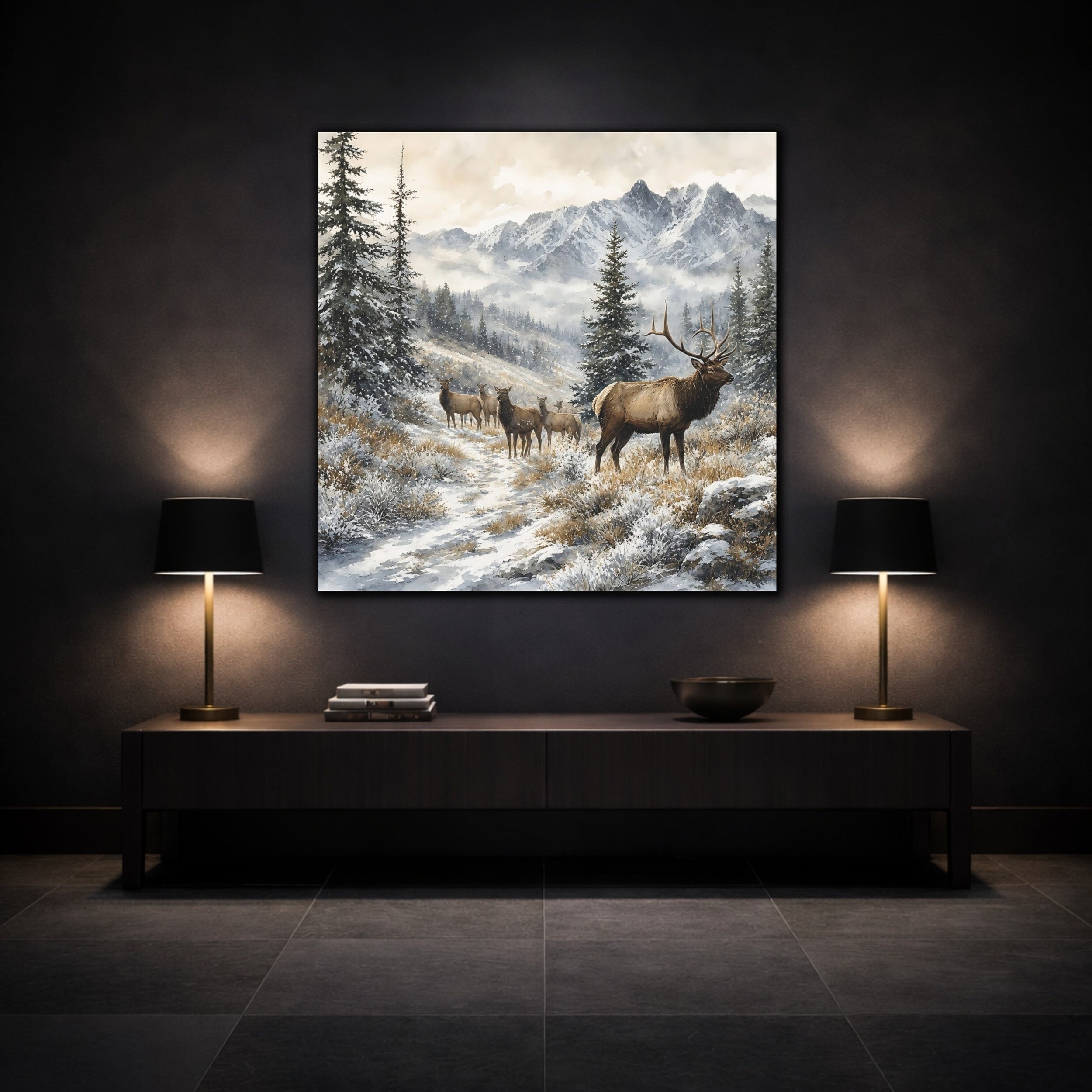 Mockup 3. Nature Elk Herd Brown And White Winter shown as stretched canvas wall art