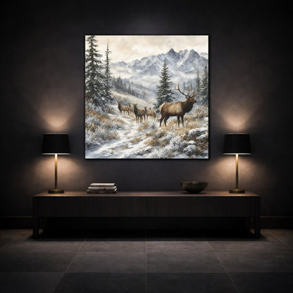 Mockup 3. Nature Elk Herd Brown And White Winter shown as stretched canvas wall art